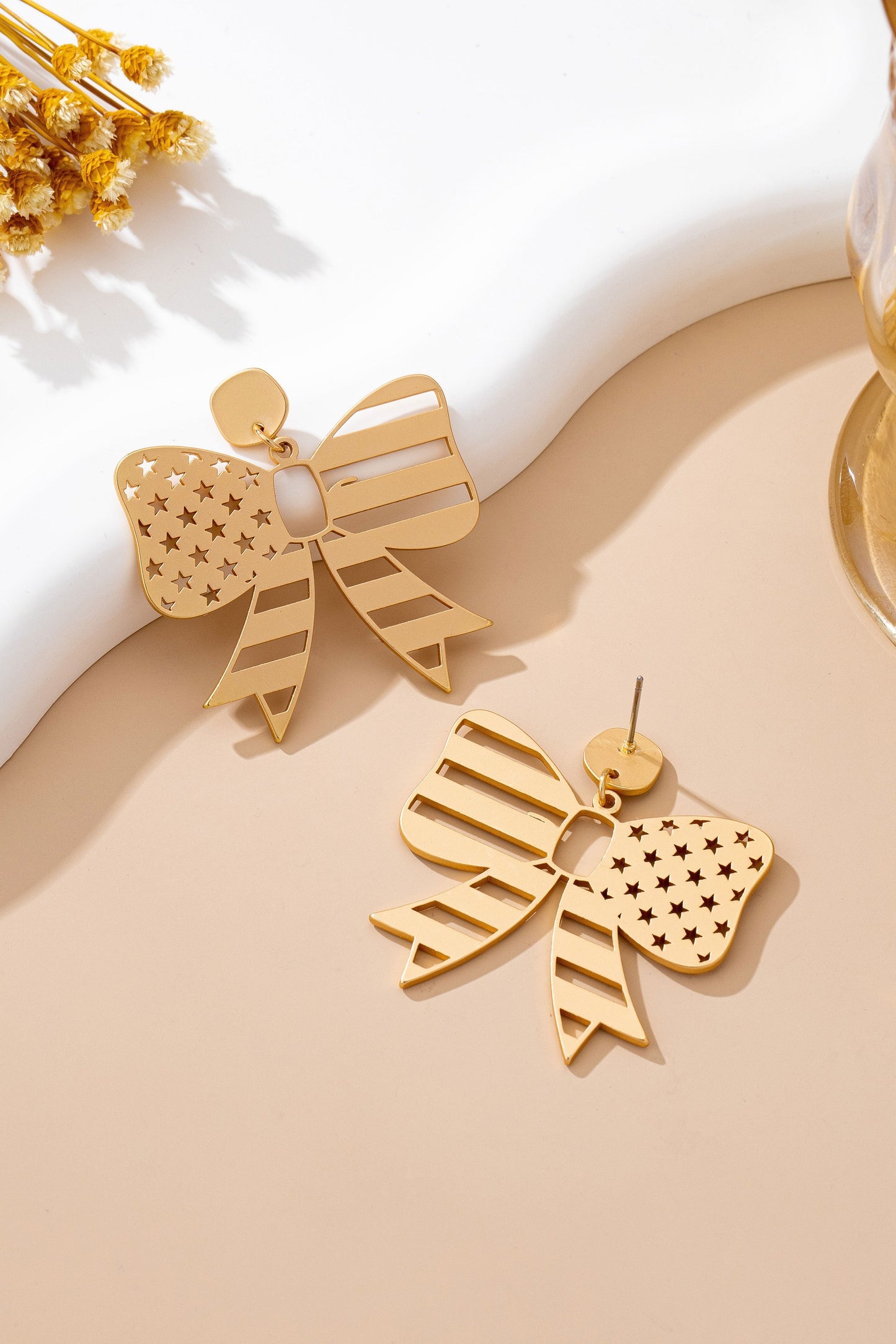 Fourth of July Star Stripe Bow Matte Gold Earrings