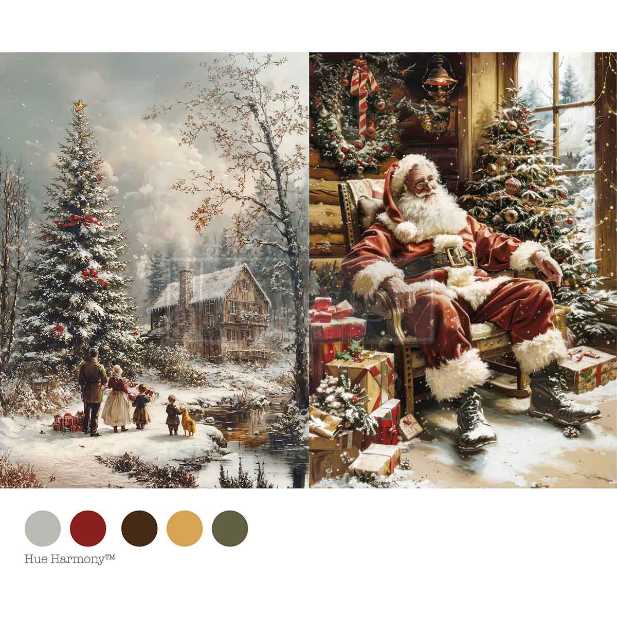 Two Christmas-themed scenes with Santa Claus and a snowy village, accompanied by color swatches.