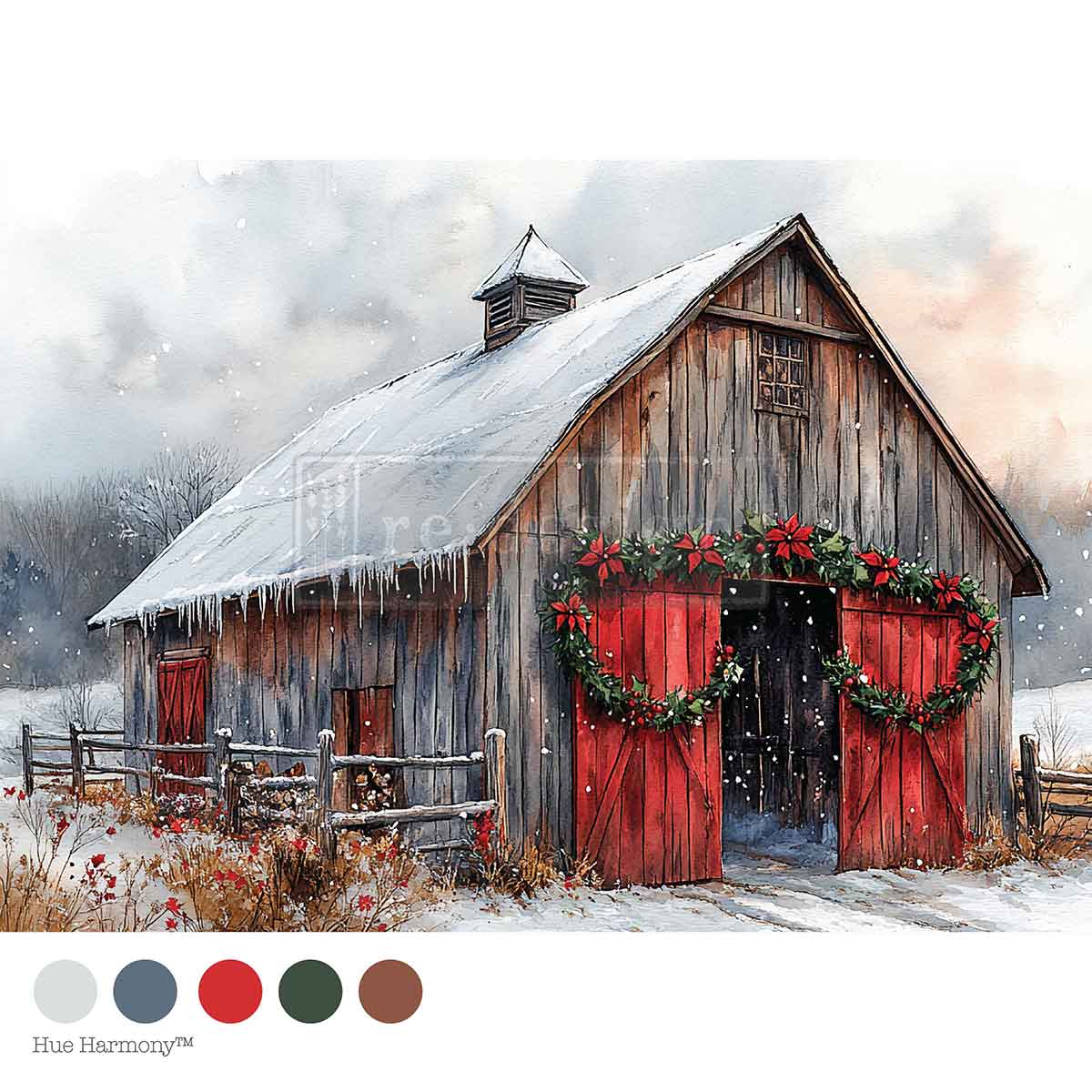 Wooden barn with red doors and festive decorations in a snowy landscape, featuring color swatches at the bottom.