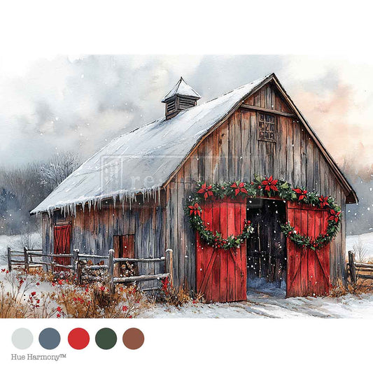 Wooden barn with red doors and festive decorations in a snowy landscape, featuring color swatches at the bottom.