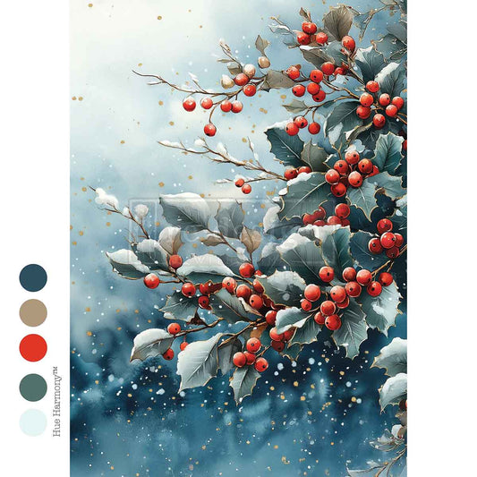 Decorative illustration of holly berries and leaves with a snowy background