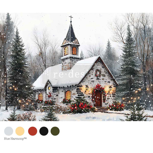Snow-covered church with festive decorations in a winter landscape, featuring a color palette at the bottom.