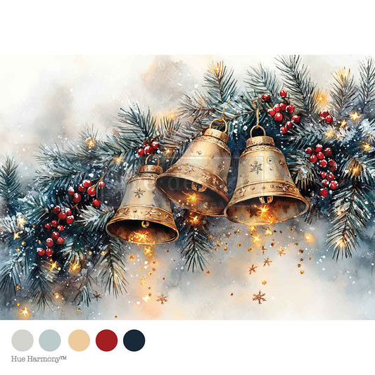 Decorative image of three gold bells hanging among Christmas tree branches with red berries and twinkling lights on a white background.