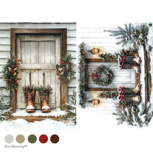 Decorative winter scene with a wooden door, wreaths, and boots on a snowy background.