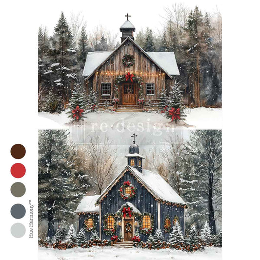 Wooden church in a snowy forest with Christmas decorations, surrounded by trees.