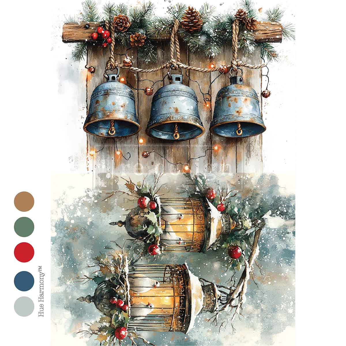 Decorative wall art with rustic bells and lanterns, featuring a color swatch for color palette.