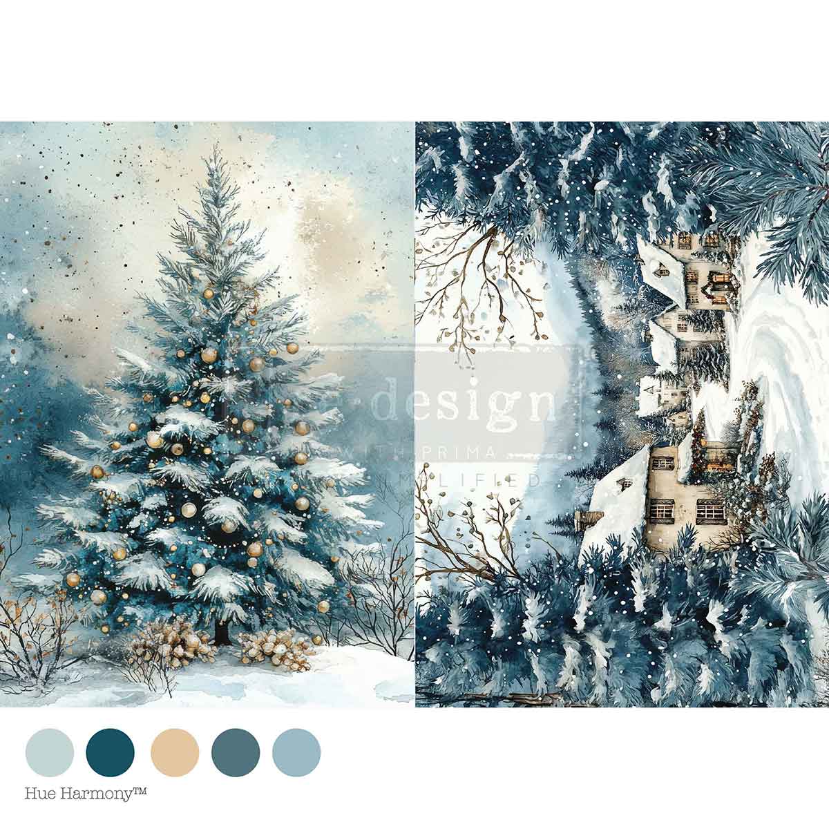 Winter scene with decorated tree and snowy landscape, featuring a castle.