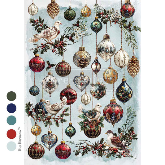 Decorative design of Christmas ornaments, birds, and foliage with a color swatch on a light blue background.