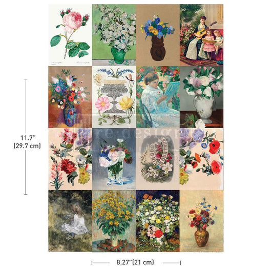 Collage of vintage-style floral illustrations with measurements on a white background