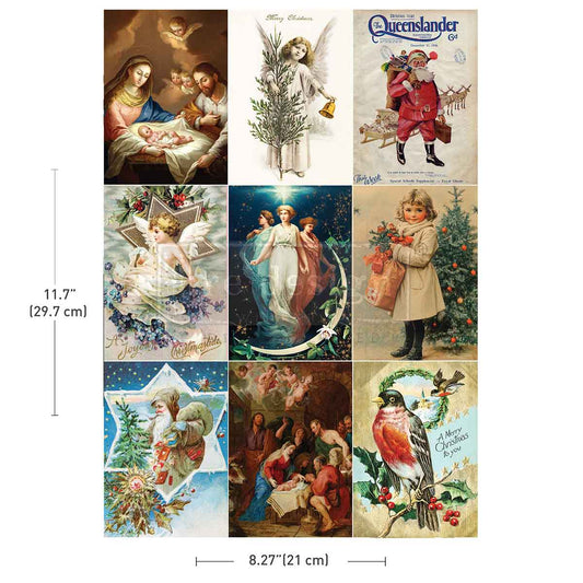 Collage of vintage Christmas cards with measurements indicated.