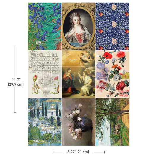 Collage of various vintage-style images including floral patterns, portraits, and landscapes with measurements indicated.
