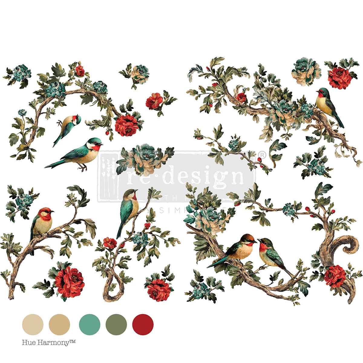 Decorative design with birds and flowers on a white background, featuring the brand 'Hue Harmony'.