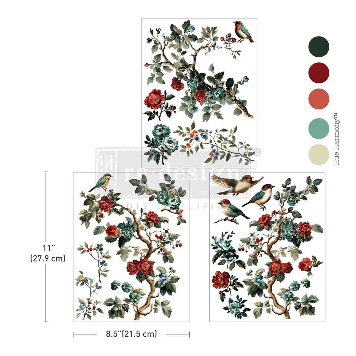 Decorative wall stickers with floral and bird design, including color swatches and dimensions.