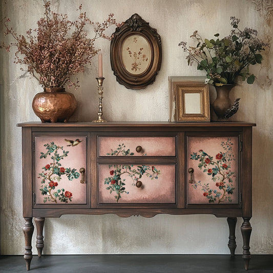 Vintage sideboard with floral designs on doors, decorative items on top against a textured wall.
