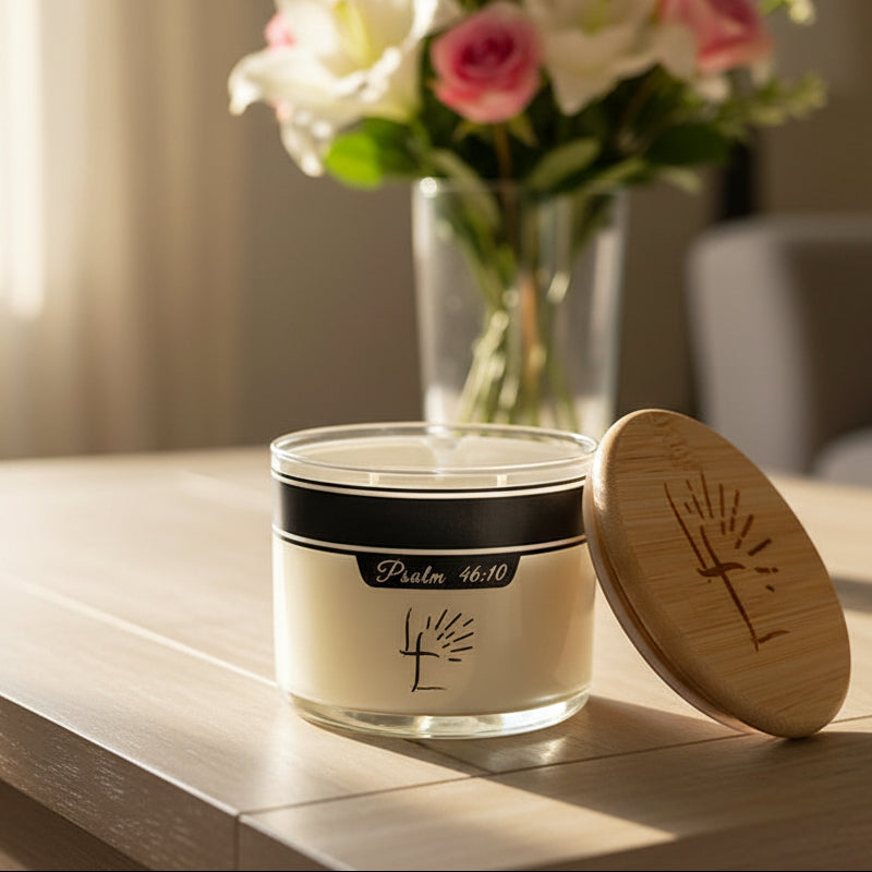 Candle text saying "Psalm 46:10" with a wooden lid on a wood table with flowers in the background.