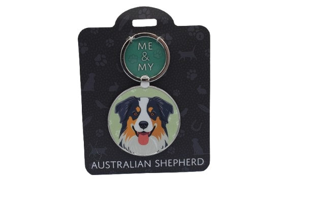 Keychain with Australian Shepherd illustration on a black card with 'Me & My' text