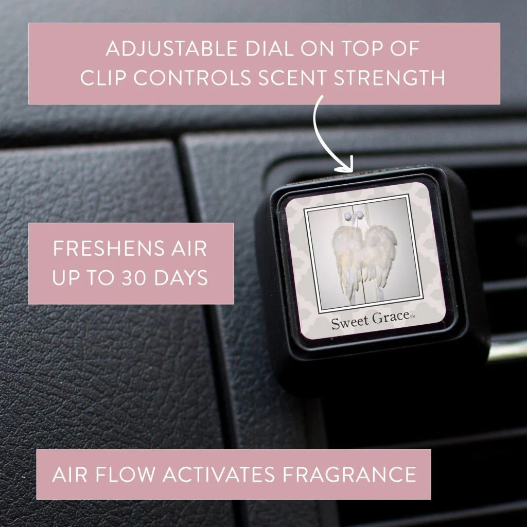 Sweet Grace Auto Vent Clip shown in a car dashboard with text highlighting some of its features