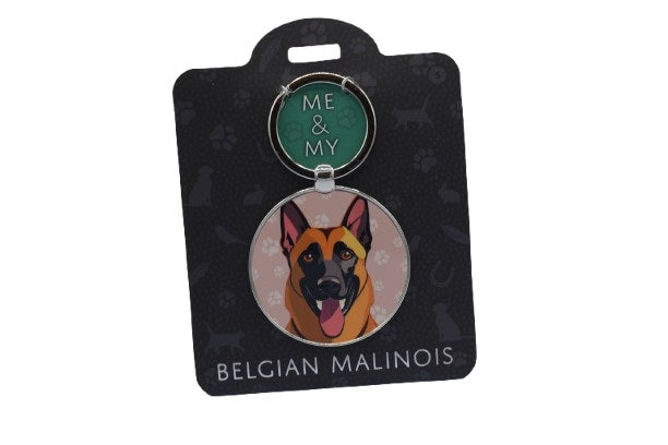 Keychain with Belgian Malinois dog illustration on a black card with 'ME & MY' branding.