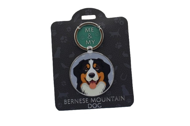 Keychain with Bernese Mountain Dog illustration on a black card with 'Me & My' branding.