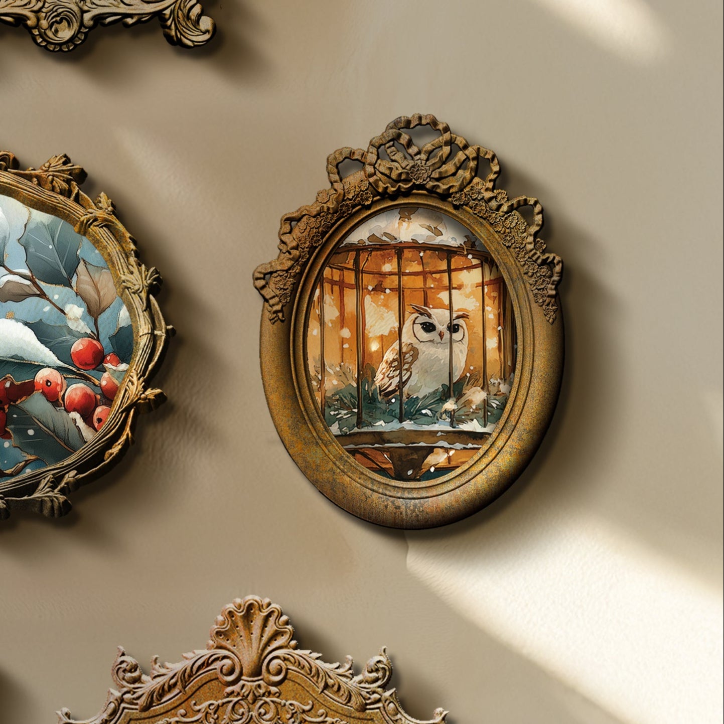 Collection of decorative framed pictures on a wall, featuring various scenes and subjects.