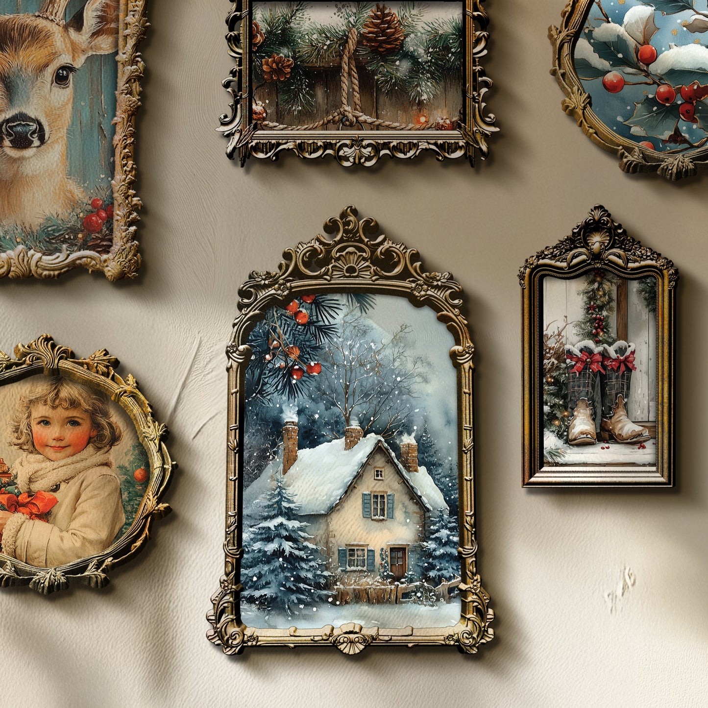 Collection of decorative framed pictures on a wall, featuring various scenes and subjects.