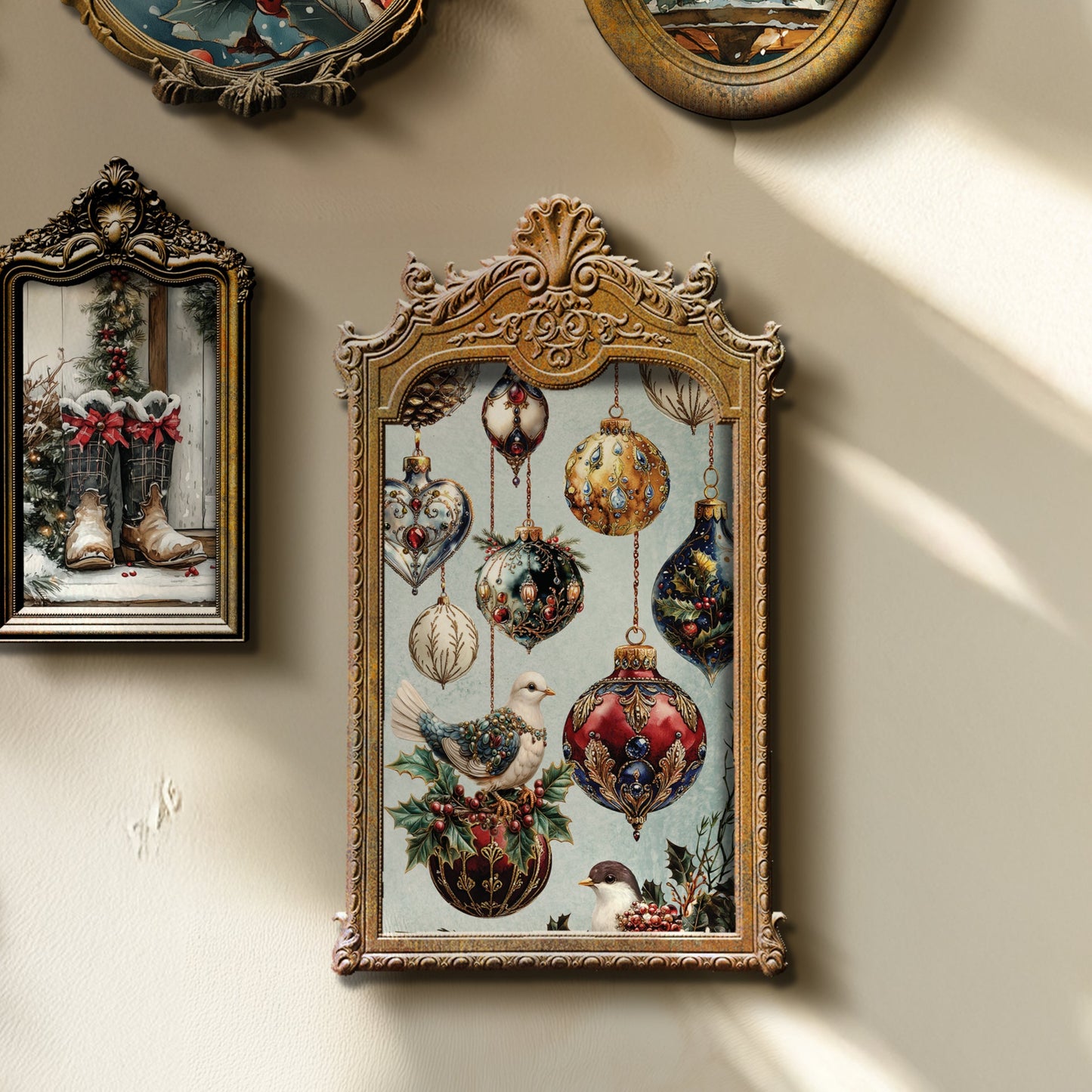 Collection of decorative framed pictures on a wall, featuring various scenes and subjects.