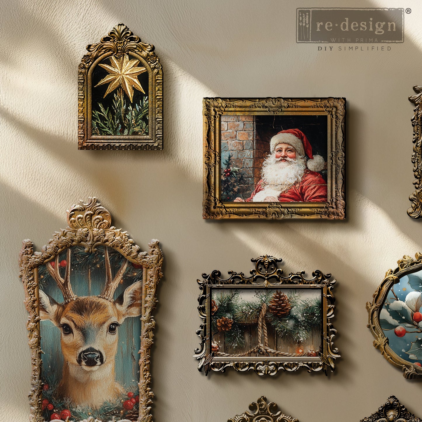 Collection of decorative framed pictures on a wall, featuring various scenes and subjects.