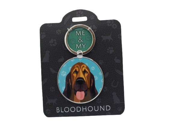 Keychain with bloodhound illustration on a black card with dog pattern