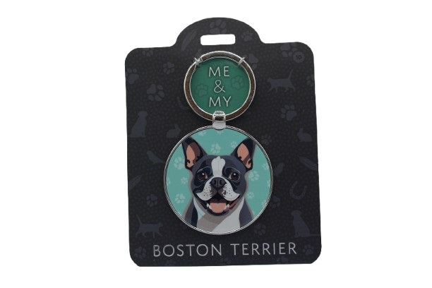 Keychain with Boston Terrier design on a black card with 'Me & My' text