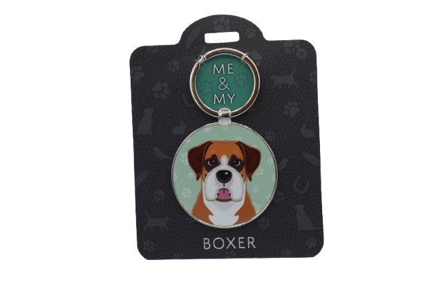 Keychain with a boxer dog illustration on a black card with 'Me & My' branding.