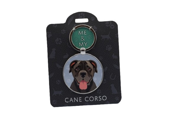 Keychain with Cane Corso dog illustration on a black card with 'Me & My' branding