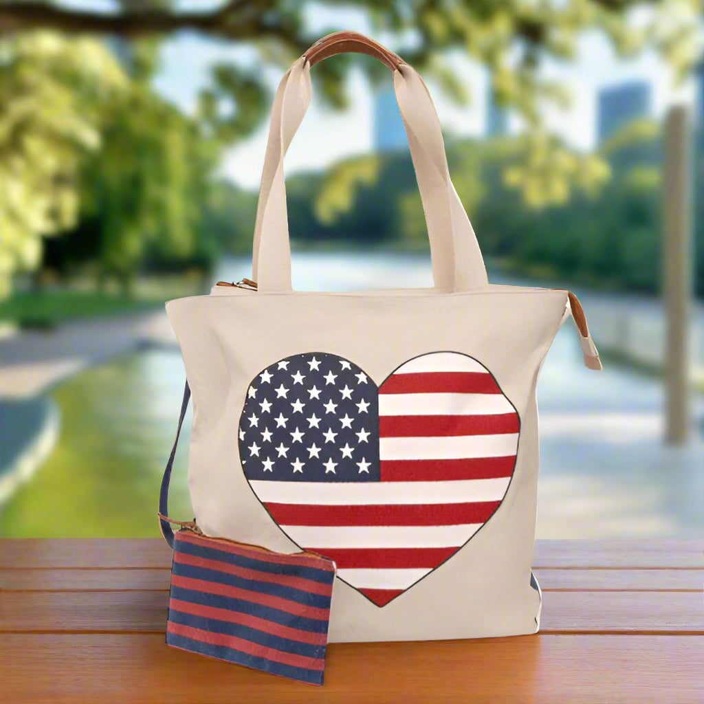 Canvas American Flag Tote with Pouch