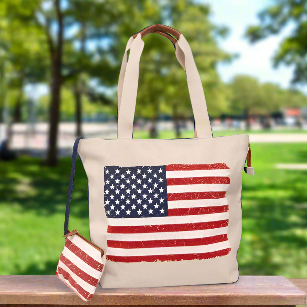 Canvas American Flag Tote with Pouch