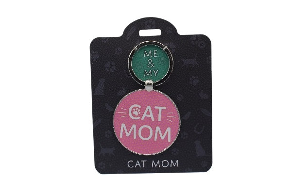 Keychain with 'Cat Mom' text on a black card