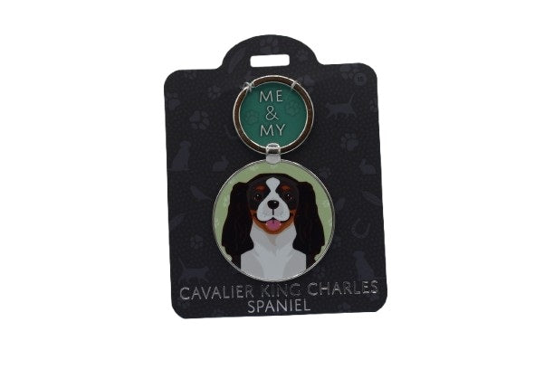 Keychain with Cavalier King Charles Spaniel design on a black card