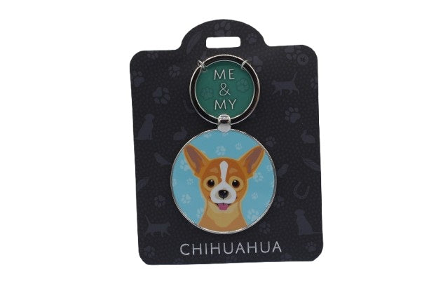 Keychain with a Chihuahua illustration on a black card with 'Me & My' branding.