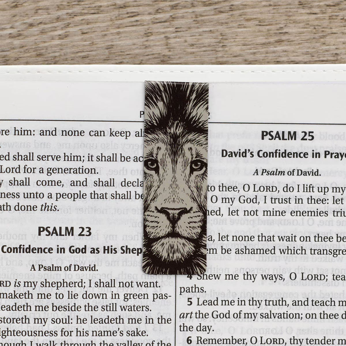 Lion illustration on a page of a Bible with text