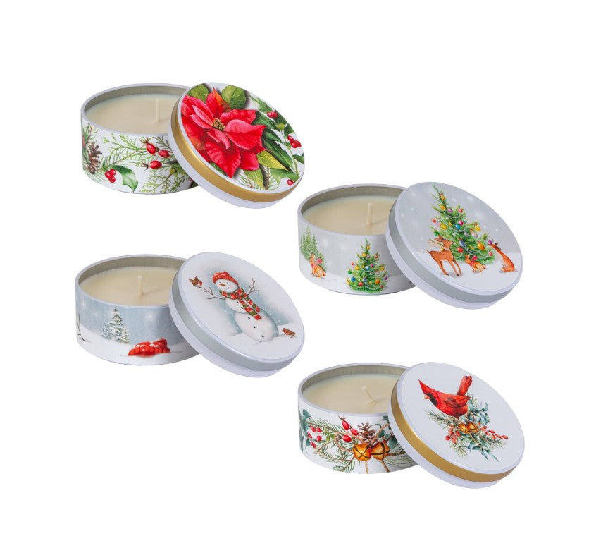 Set of Christmas-themed tins with candles on a white background