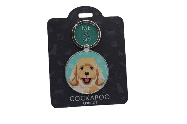 Keychain with a cockapoo dog illustration on a black card with 'Me & My' branding.