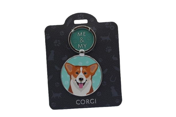 Keychain with a corgi design on a black card with 'Me & My Corgi' text.