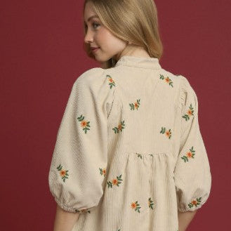 Cream Corduroy Babydoll Dress with Floral Embroidery