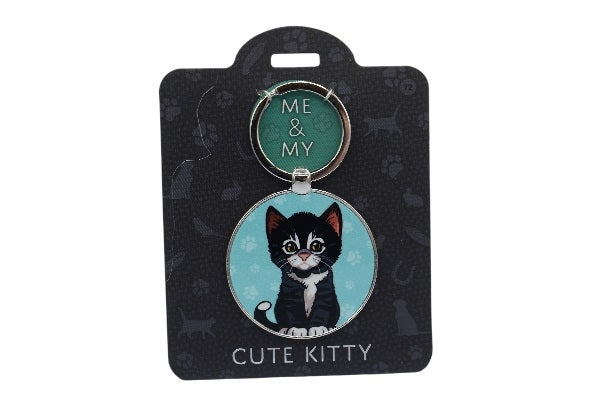 Keychain with a cat illustration on a black card with 'ME & MY' text