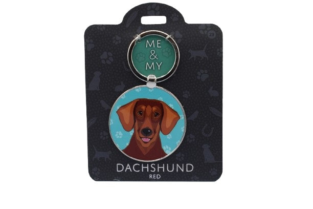Keychain with dachshund illustration on a black card with paw prints