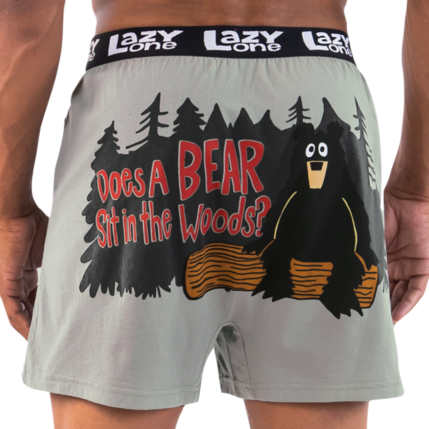Boxer shorts with a bear graphic and text on a plain background
