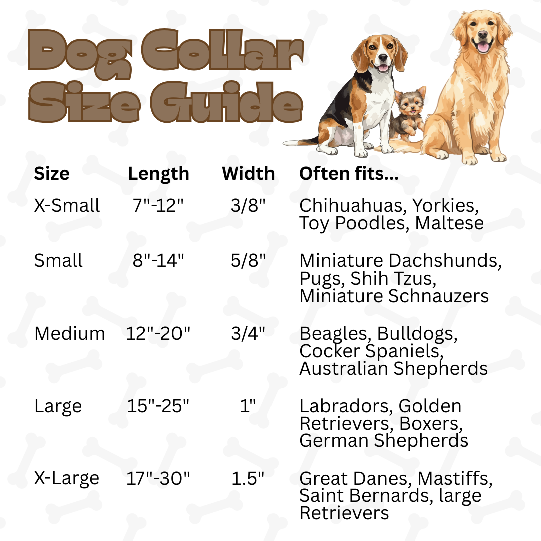 Dog collar size guide with images of dogs and measurements