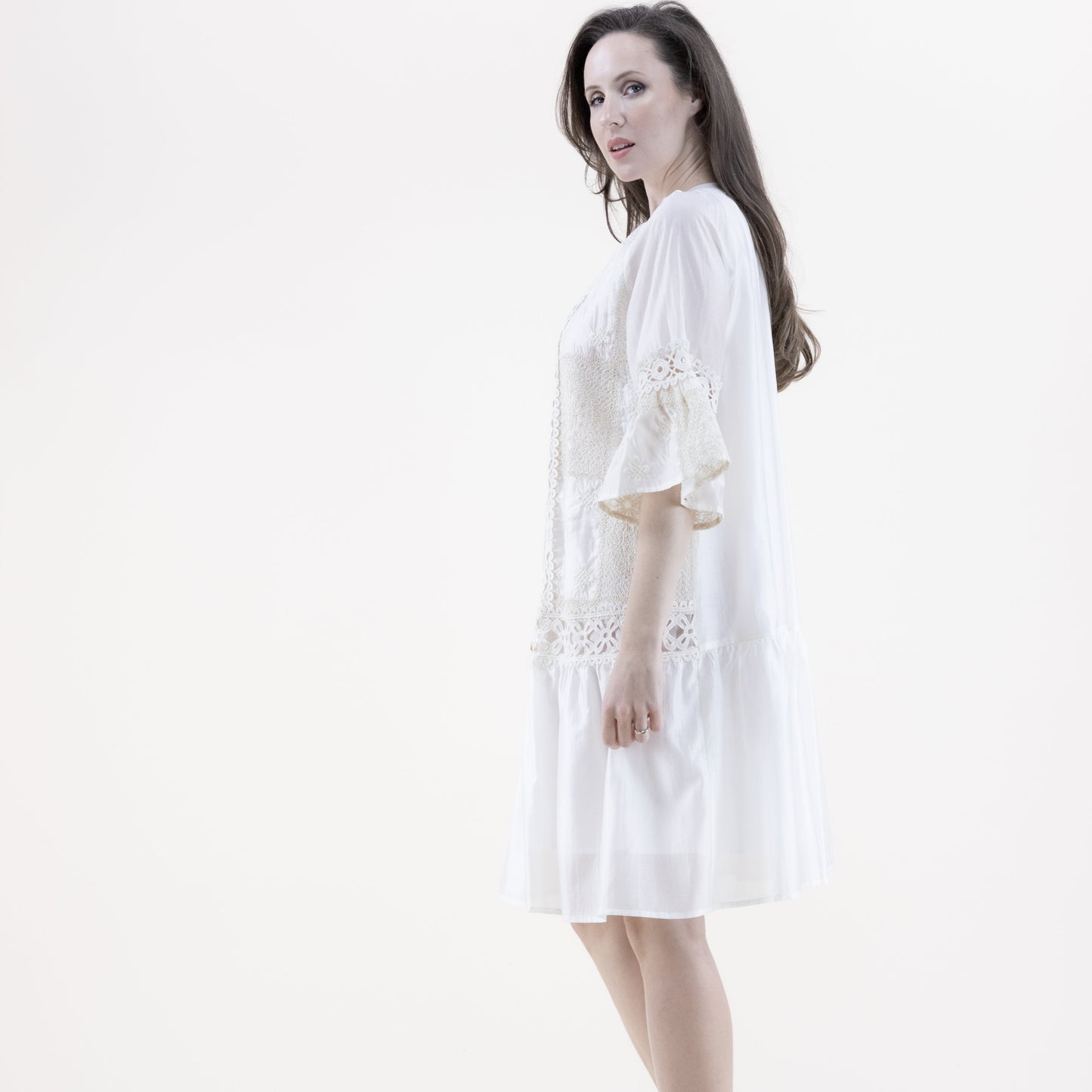 Lace Lines Trumpet Sleeve Dress