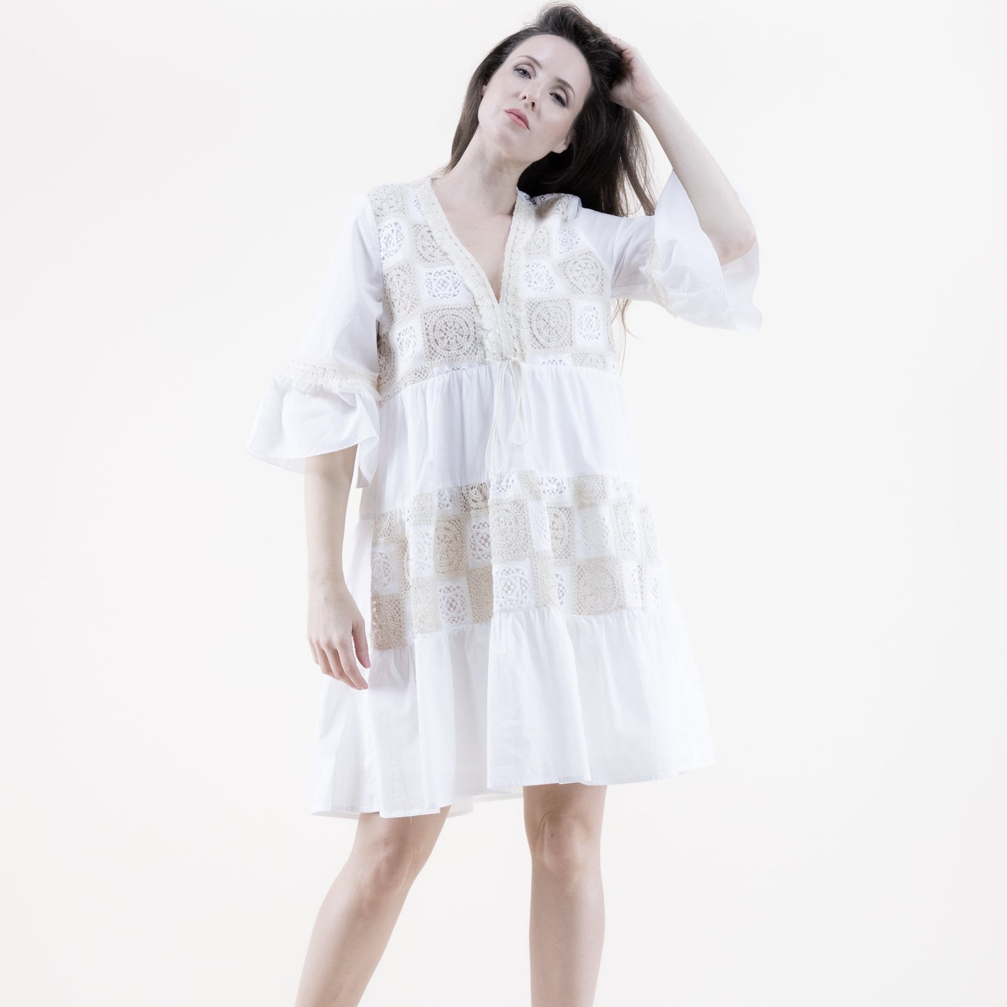 Lace Tile Trumpet Sleeve Ruffle Tier Dress