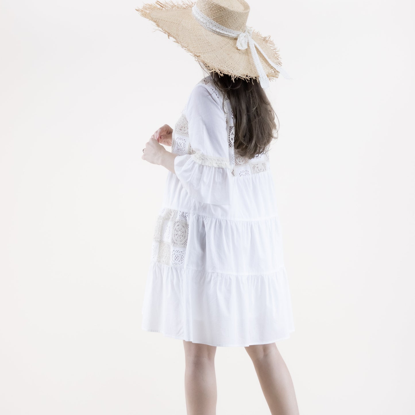 Lace Tile Trumpet Sleeve Ruffle Tier Dress