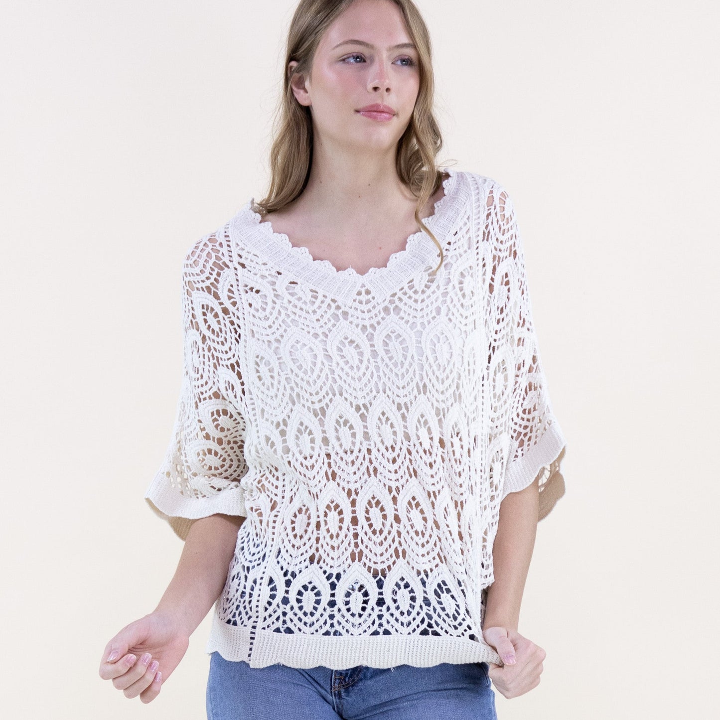 Peacock Feather Scalloped Hem Crochet Lace Bat Wing Blouse