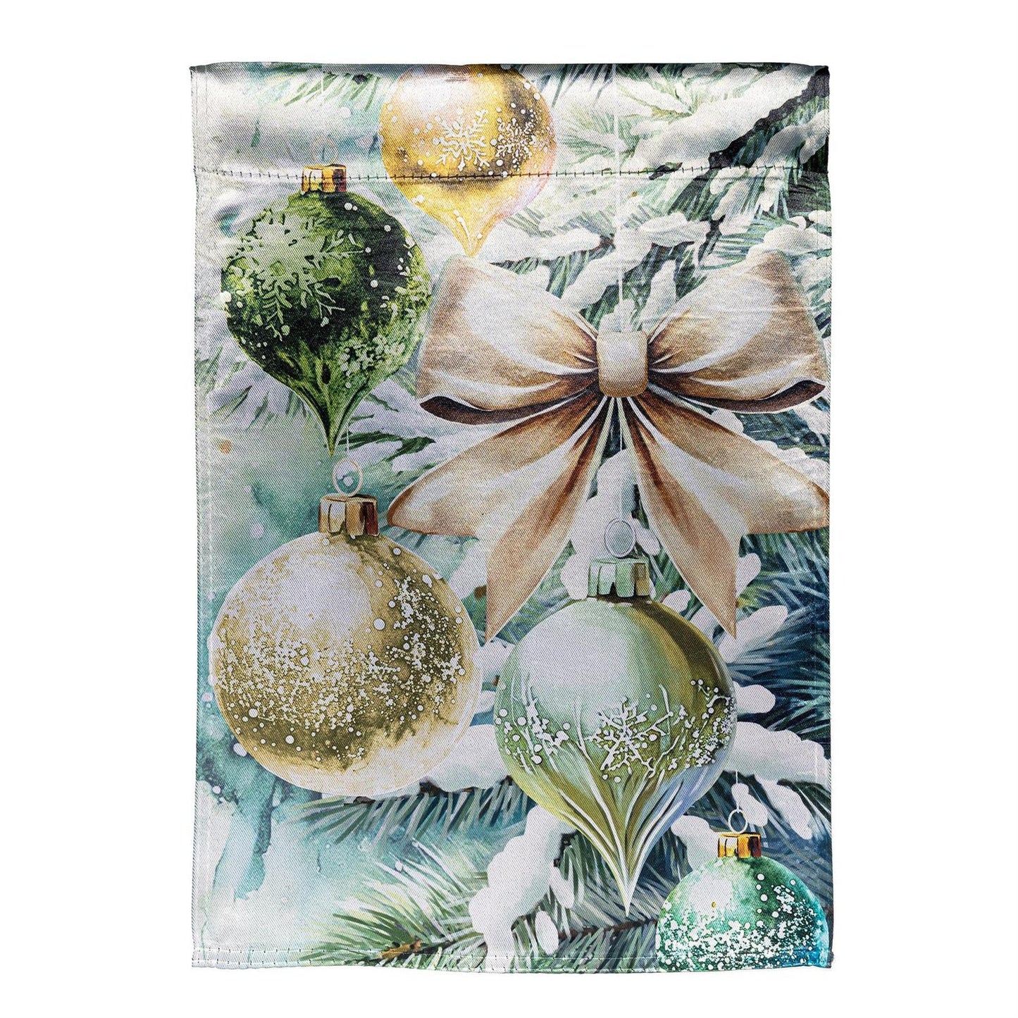 Decorative garden flag with Christmas ornaments and bows.